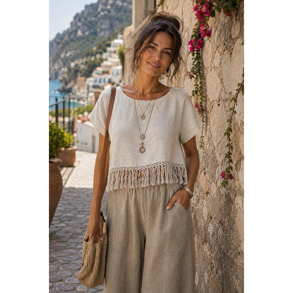 Tara Vao Tunic Top Womens Beige Linen Small Lagenlook Boho Artsy Fringe Travel